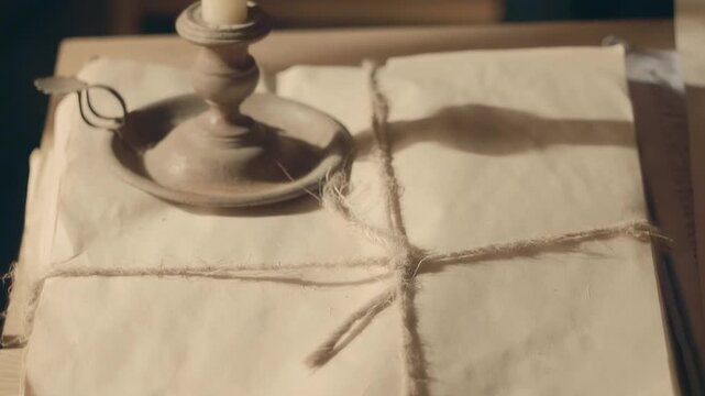A wax candle in a candlestick stands on a stack of blank papers tied with twine, and next to it is a pencil drawing of Tutankhamun's sarcophagus. Closeup