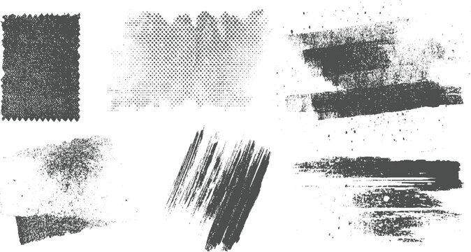 Collection of six distressed grunge textures and abstract with rough edges and varied dot patterns
