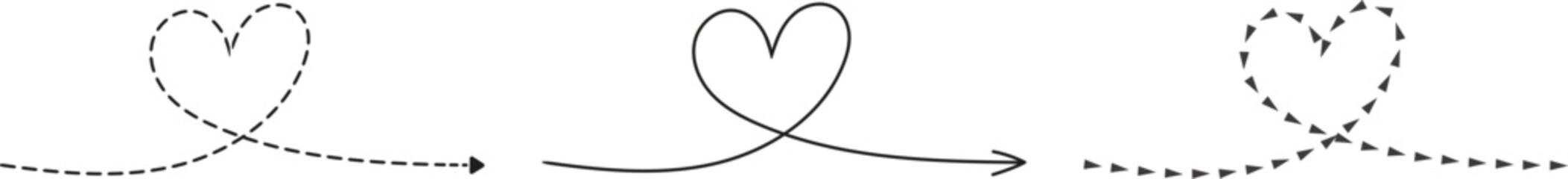 Collection of hand drawn path arrows forming heart loops for romantic valentine concept