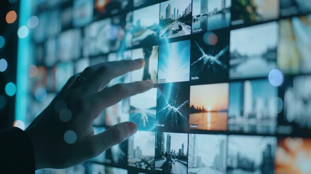 Close up of a hand interacting with a large digital display wall showing city images and abstract lights