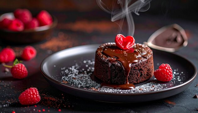 Chocolate lava cake Valentine style, heart shape, melted chocolate center, dark plate, dramatic lighting, no steam