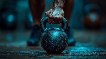 Man lifting kettlebell, gym workout, dark background, fitness