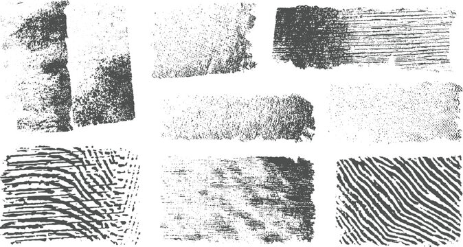 Collection of diverse abstract grunge textures featuring torn edges, linear patterns, and granular speckles in a monochromatic palette for versatile applications