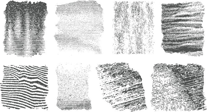 Group of abstract grunge textures featuring strong linear patterns, granular dots, and torn edges in a dark monochrome palette for impactful