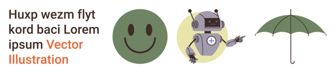 Fototapeta premium Technology, weather protection, emotions, robotics, virtual communication, positivity. Green happy face, robot with antennas and a classic umbrella. Robotics and weather protection concept