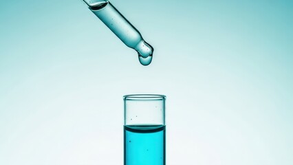Delicate drop poised to fall from clear pipette into a test tube filled with vibrant cerulean blue liquid, symbolizing scientific precision and experimental rigor