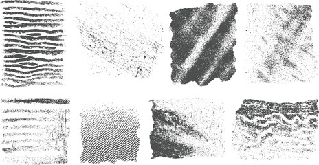 Collection of eight distressed grunge textures with horizontal and wavy linear patterns in dark gray on white background for abstract
