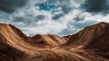 Naklejka premium Section of the monster truck track with massive dirt ramps and clear tire marks, capturing the scale and rugged detail of an outdoor dirt racing course