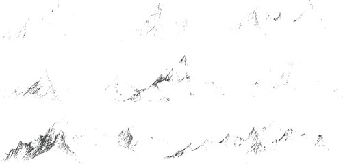Monochromatic abstract of sharp mountain summits and rugged slopes depicted with energetic brushstrokes and fine lines conveying a sense of wildness and raw natural power
