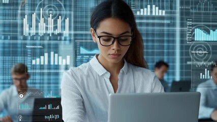 A focused woman working on a laptop surrounded by digital data visuals. - Powered by Adobe