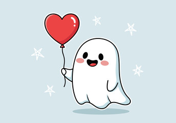 Cartoon ghost holding heart shaped balloon among stars on light blue