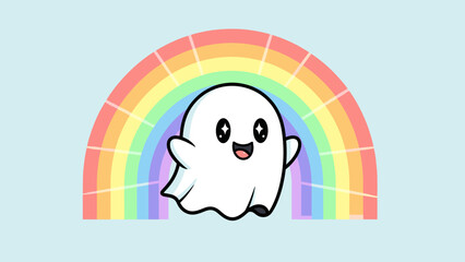 Cartoon ghost with rainbow cheerful illustration on pastel background
