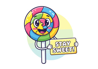 Cartoon lollipop character holding sign with text stay sweet on white background