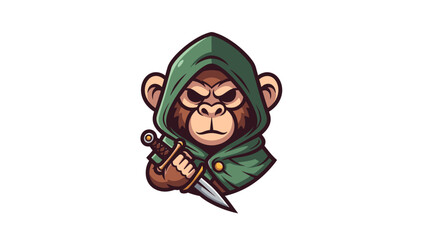 Cartoon monkey character in hood holding dagger isolated on white