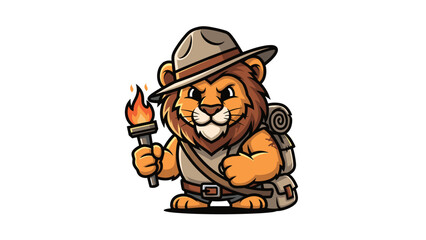 Cartoon lion explorer with torch and backpack on white background
