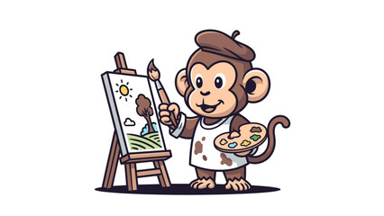 Cartoon monkey painting landscape art with brush and palette on easel