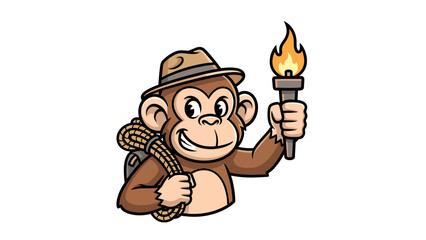 Cartoon monkey explorer with torch and rope on white background