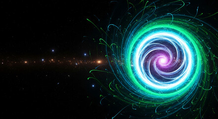 Spiral galaxy with green, blue, and purple light against a starfield background, representing cosmic energy, expansion, and astronomical phenomenon