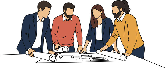 Team of professionals collaborating on blueprints at a table.