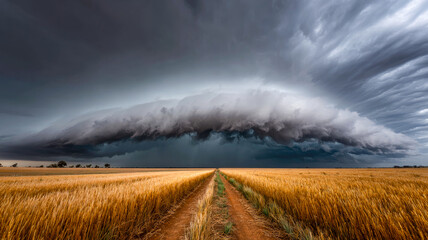 Stunning wheatfield landscape. Country road on wheatfield  under stormy sky.