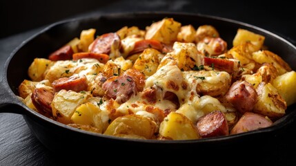 Cheesy potato and sausage skillet with herbs.
