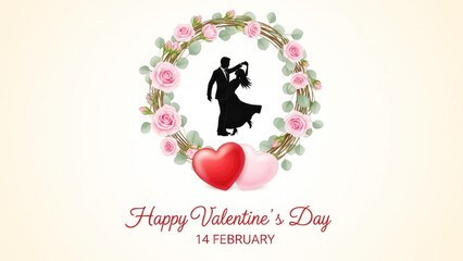 Romantic couple dancing within a floral wreath on valentine's day