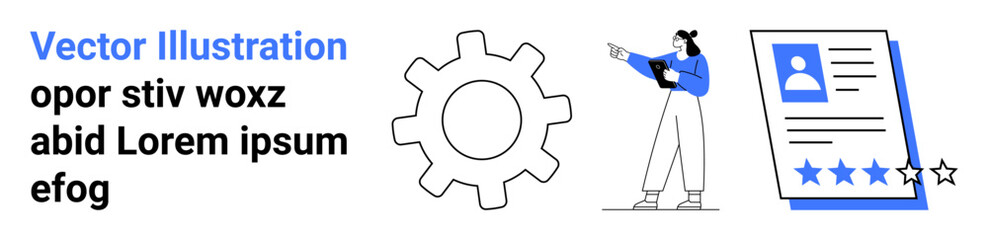 Abstract elements include a gear, a professional reviewing a document on a tablet, and a rated profile card. Ideal for HR, business, job search, recruitment, automation, analytics simple landing
