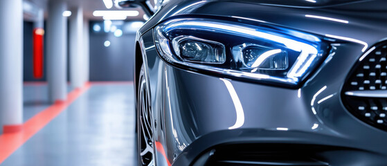 Modern luxury car with sleek led headlight glowing in parking garage