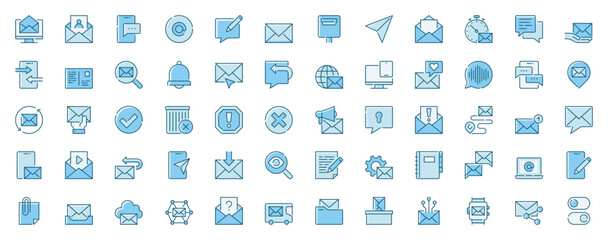 Email message web icons set in line design. Duotone pictogram pack of notification, digital letter, envelope, chat, writing post, mailbox, mail contact, more outline stroke signs. Vector illustration.