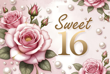Sweet 16 birthday design in elegant floral illustration style with soft pink and gold tones representing teenage milestone celebration against textured pastel background