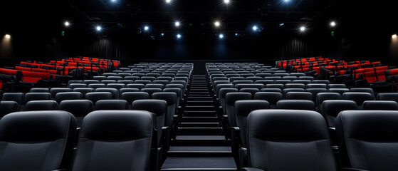 Empty modern cinema auditorium with black and red seats