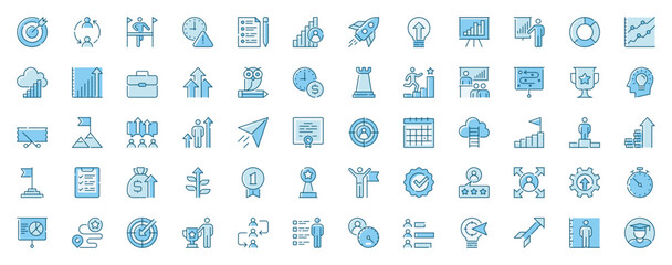 Growth development web icons set in line design. Duotone pictogram pack of target, leadership, communication, success, launch startup, brainstorming, more outline stroke signs. Vector illustration.