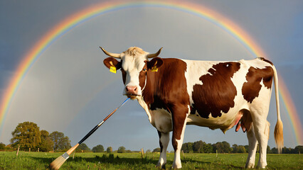Braune Kuh mit Pinsel im Maul steht vor einem leuchtenden Regenbogen
