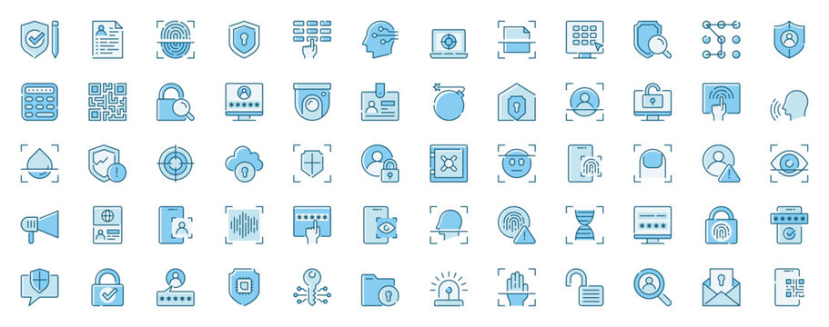 Identity security web icons set in line design. Duotone pictogram pack of shield, privacy protection, fingerprint scan, key, password, surveillance, more outline stroke signs. Vector illustration.