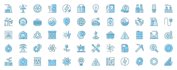 Power energy web icons set in line design. Duotone pictogram pack of plant, wind turbine, charging stop, electricity, light bulb, fuel, oil production, more outline stroke signs. Vector illustration.