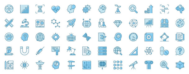 Science research web icons set in line design. Duotone pictogram pack of data analysis, dna, biology, biotechnology, medicine, atom structure, chemistry, more outline stroke signs. Vector illustration