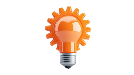 Orange 3D light bulb with a gear sun design for creative engineering ideas isolated on transparent background.


