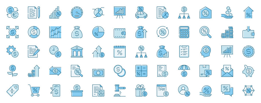 Taxes accounting web icons set in line design. Duotone pictogram pack of money, currency exchange, banking, payment, report, analysis balance, invoice, more outline stroke signs. Vector illustration.