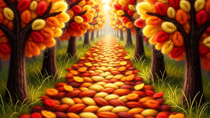 Vibrant autumn forest path with felted leaves and cozy trees, a whimsical fall nature illustration