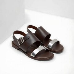Brown leather sandals with silver accent