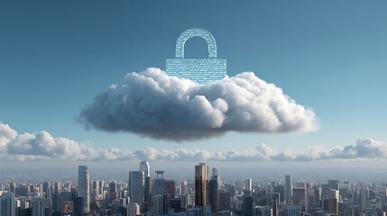 Cloud with a padlock over a city representing data security and digital protection
