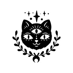Mystical boho celestial set, Vector illustration. Cat moon, Eye, Hand drawn logo, line art, Halloween