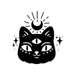 Mystical boho celestial set, Vector illustration. Cat moon, Eye, Hand drawn logo, line art, Halloween