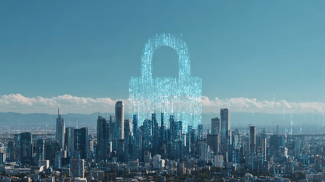 Digital cityscape with a glowing lock, representing cybersecurity and data protection - Powered by Adobe