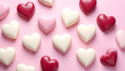 White and ruby chocolate hearts, minimal arrangement, pastel background, smooth texture, commercial food photo