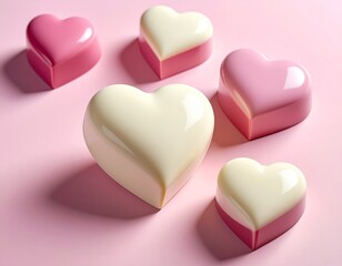 White and ruby chocolate hearts, minimal arrangement, pastel background, smooth texture, commercial food photo