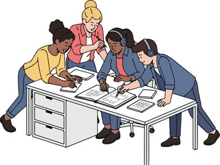 Four diverse women collaborating on a project at a desk focused and engaged.