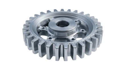Shiny silver 3D mechanical gear for engineering and industrial concepts isolated on transparent background.

