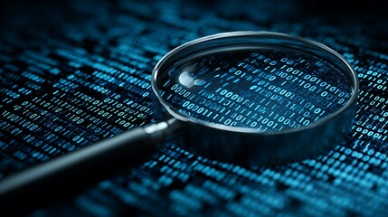 Magnifying glass over a binary code matrix, showcasing digital information and data analysis