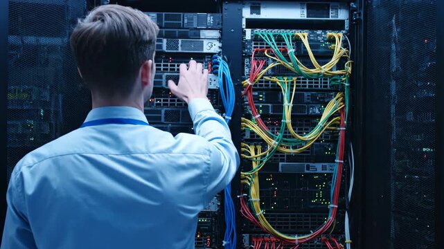 IT technician examines server racks with organized colorful cables in a dark data center.